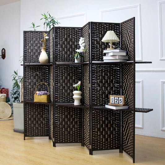 6 Panel Room Divider and Folding Screen Divider with Shelves,Panel Divider Screen with Removable Storage Shelves,Dark Brown,67" H x 82.5" W