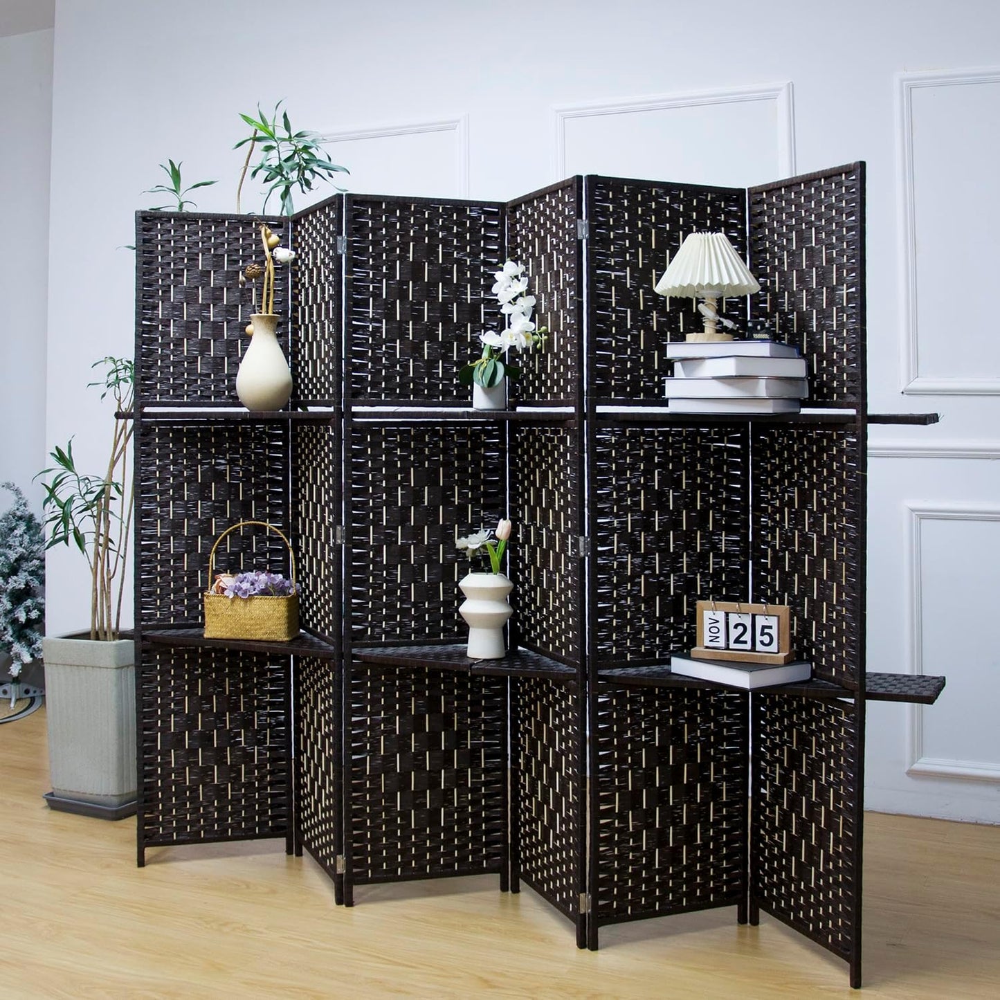 6 Panel Room Divider and Folding Screen Divider with Shelves,Panel Divider Screen with Removable Storage Shelves,Dark Brown,67" H x 82.5" W