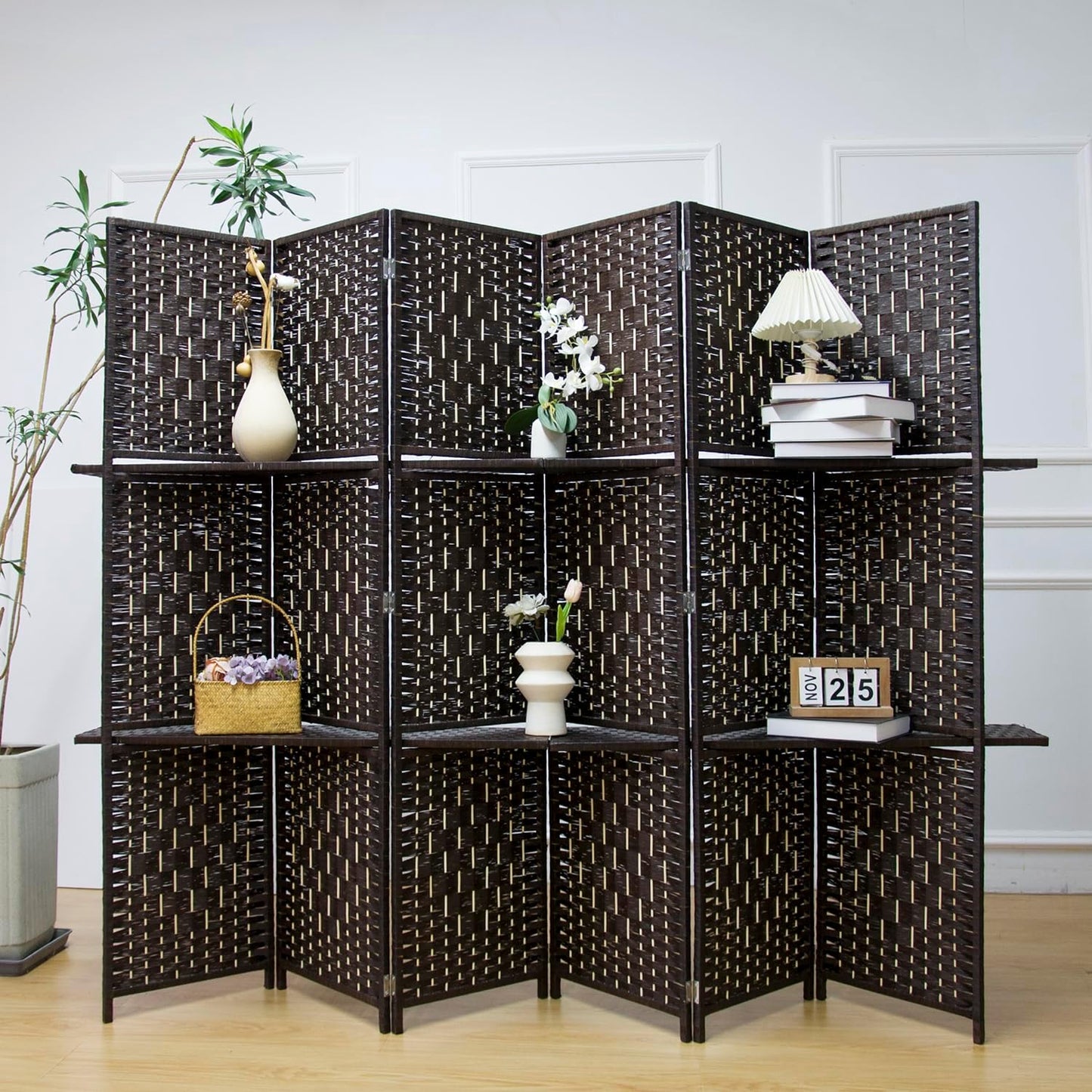 6 Panel Room Divider and Folding Screen Divider with Shelves,Panel Divider Screen with Removable Storage Shelves,Dark Brown,67" H x 82.5" W