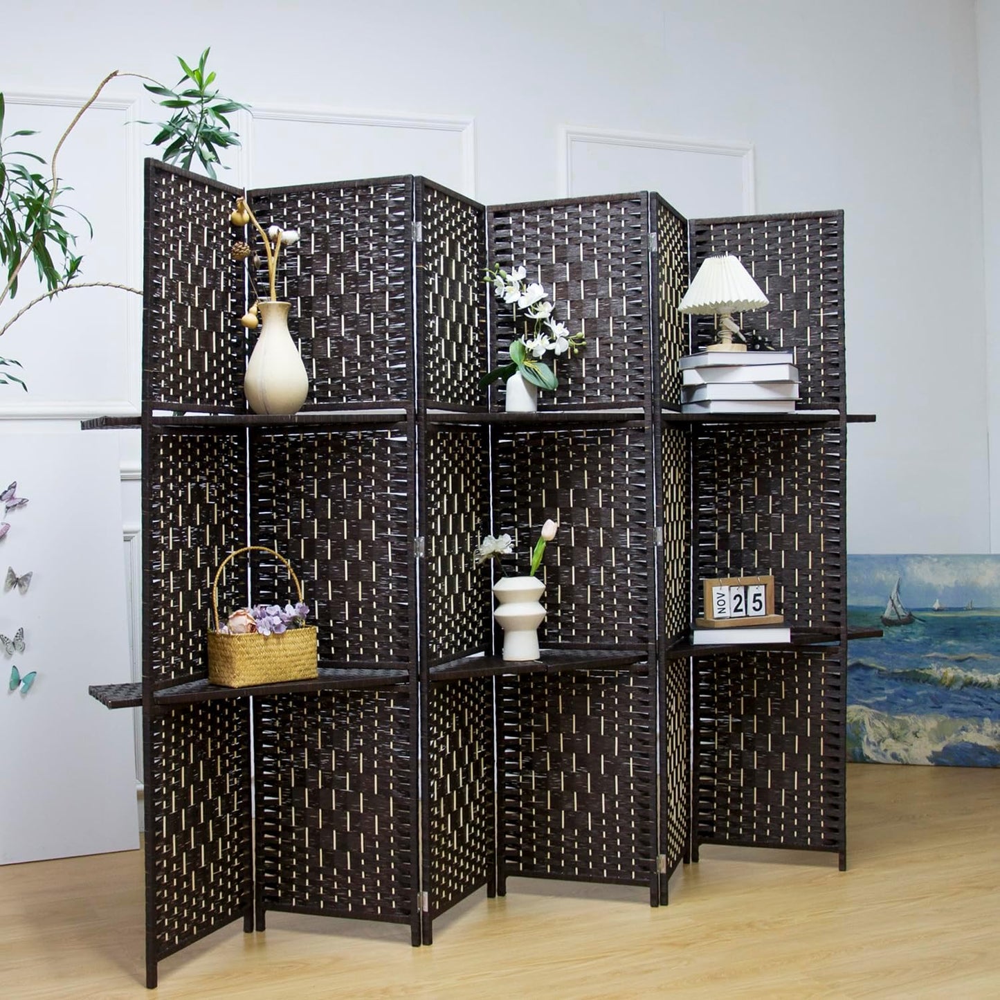 6 Panel Room Divider and Folding Screen Divider with Shelves,Panel Divider Screen with Removable Storage Shelves,Dark Brown,67" H x 82.5" W