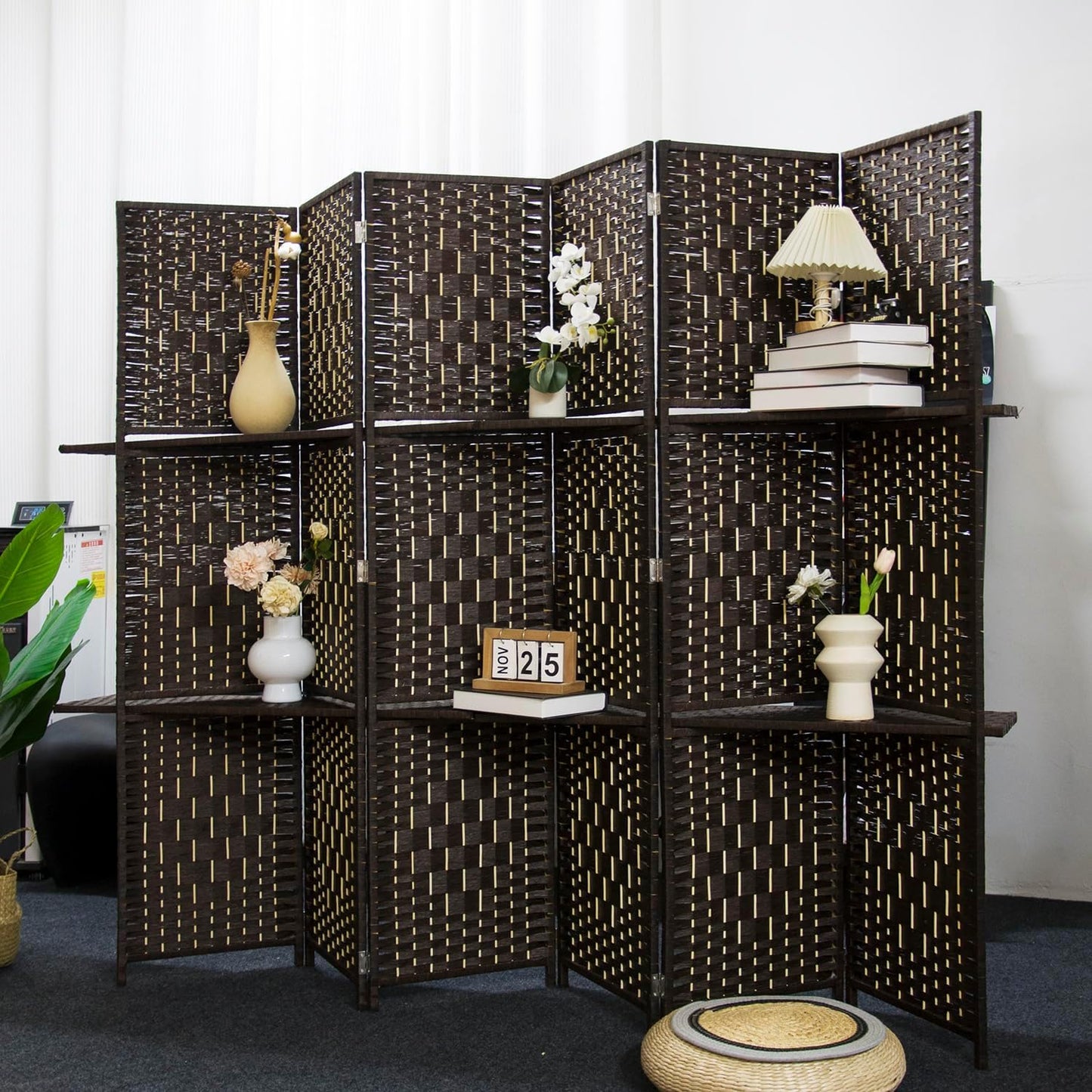 6 Panel Room Divider and Folding Screen Divider with Shelves,Panel Divider Screen with Removable Storage Shelves,Dark Brown,67" H x 82.5" W