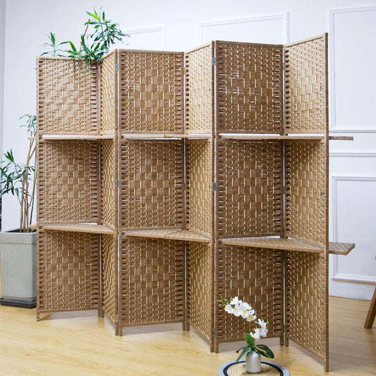 6 Panel Room Divider and Folding Screen Divider with Shelves,Panel Divider Screen with Removable Storage Shelves,Light Brown,67" H x 82.5" W