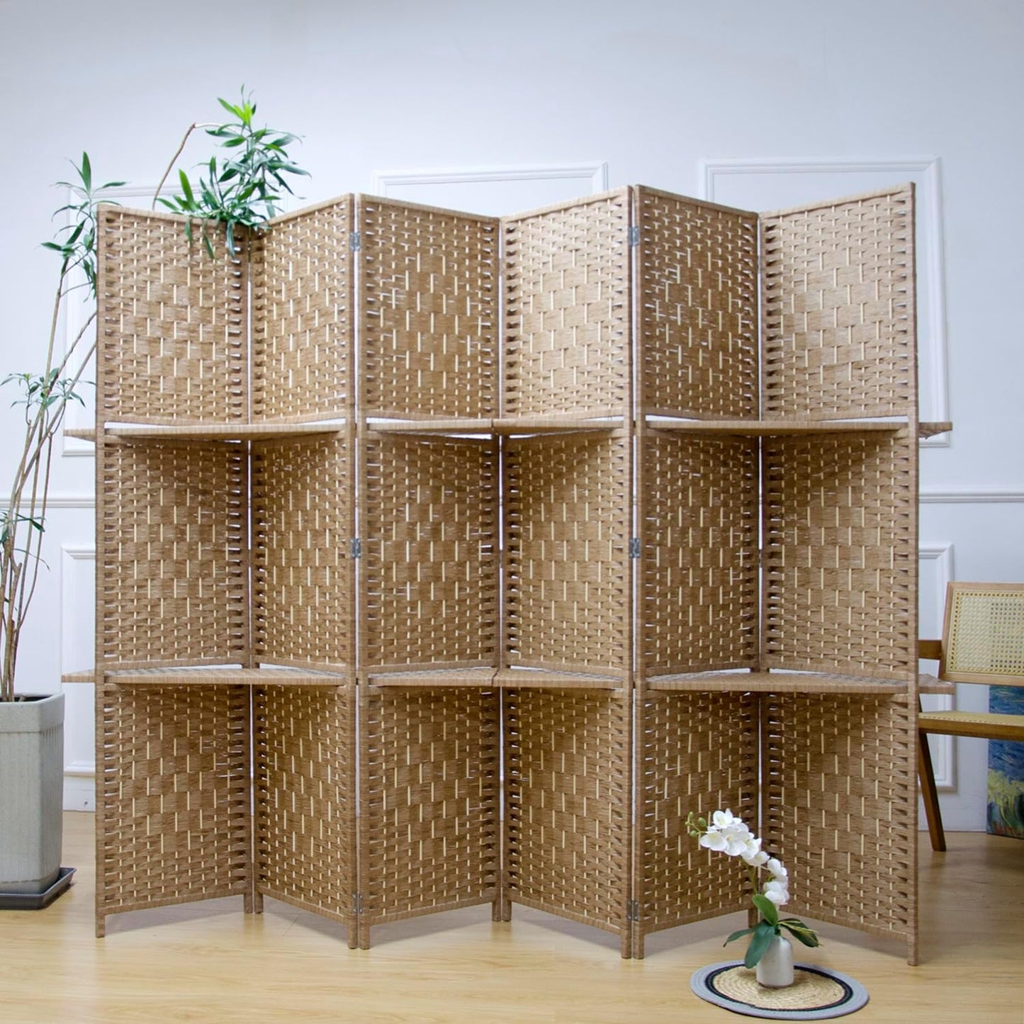 6 Panel Room Divider and Folding Screen Divider with Shelves,Panel Divider Screen with Removable Storage Shelves,Light Brown,67" H x 82.5" W