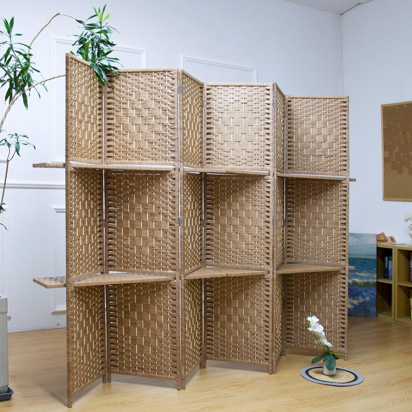 6 Panel Room Divider and Folding Screen Divider with Shelves,Panel Divider Screen with Removable Storage Shelves,Light Brown,67" H x 82.5" W