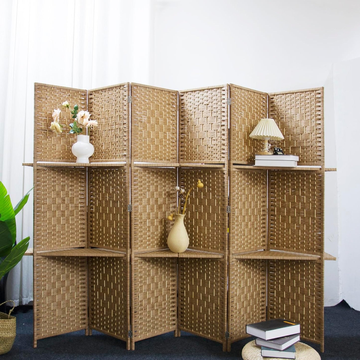 6 Panel Room Divider and Folding Screen Divider with Shelves,Panel Divider Screen with Removable Storage Shelves,Light Brown,67" H x 82.5" W