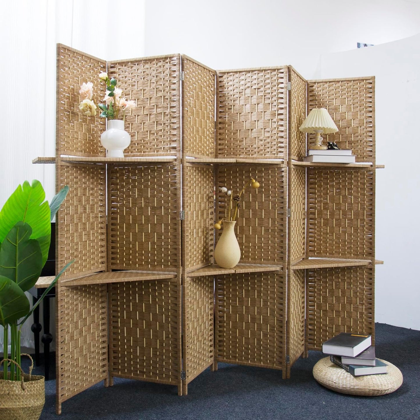 6 Panel Room Divider and Folding Screen Divider with Shelves,Panel Divider Screen with Removable Storage Shelves,Light Brown,67" H x 82.5" W