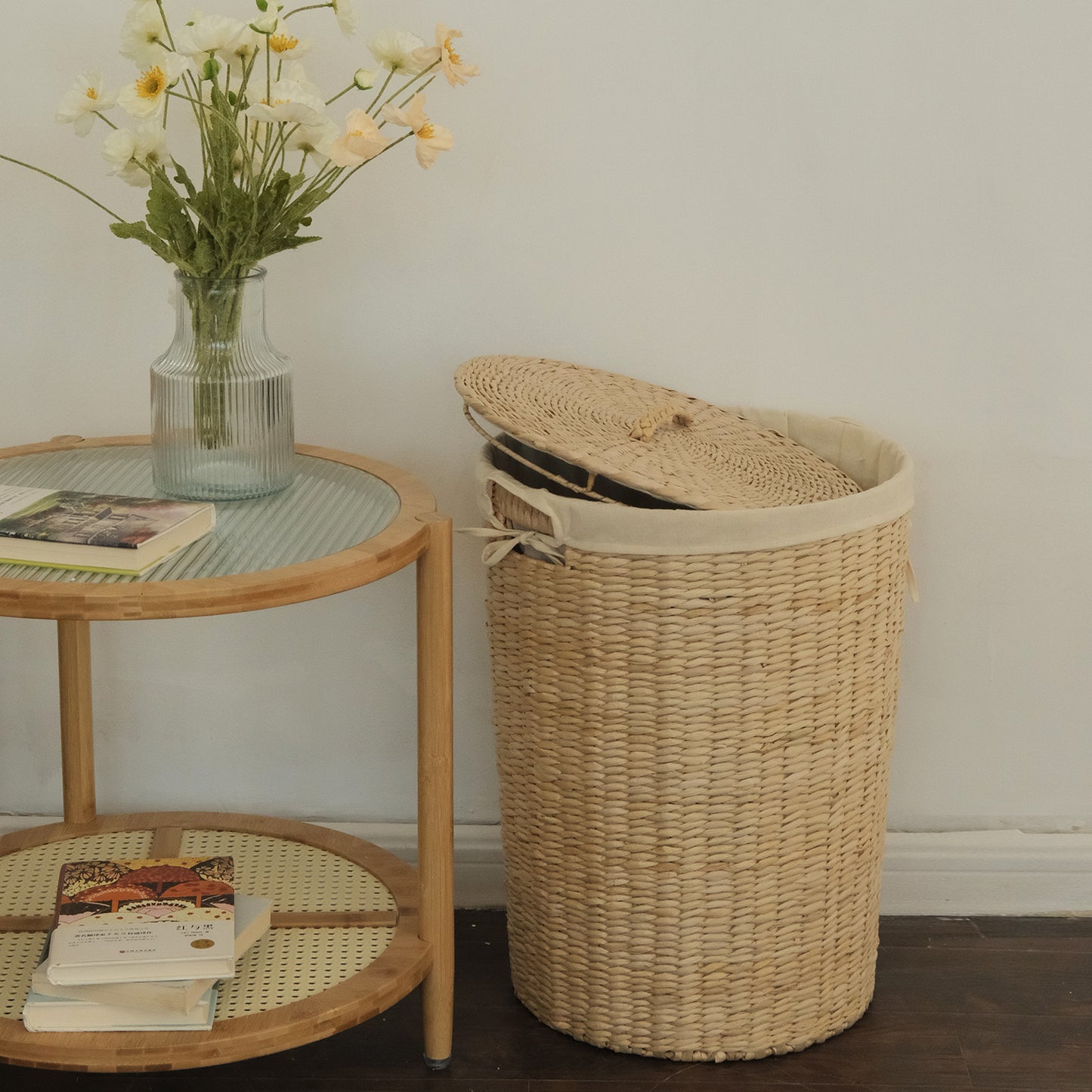 Furnnylane Handmade Wicker Laundry Basket with Lid,Hand-woven Laundry Hamper with Removable Liner,Large Laundery Basket with Ample Laundry Space