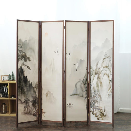 4 Panel Room Divider Screen,Double Faced Room Divider Folding Wall Divider for Room Separation,Mountains and Waters Landscape,67" H x 63" W