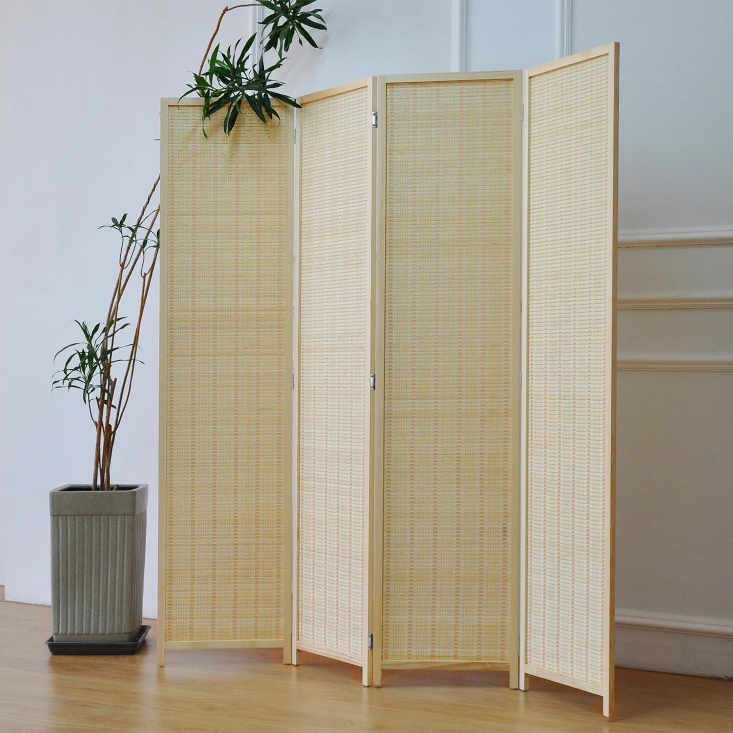 4 Panel Room Divider and Folding Screen Room Divider,Bamboo Room Divider Screen for Room Separation,Beige,67" H x 61.4" W