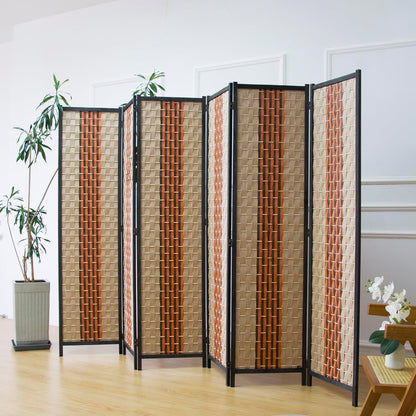 6 Panel Room Divider Screen in Beige and Orange,Blackout Room Divider Folding Panel Screen for Room Separation and Home Decoration,70.8" H x 106.3" W