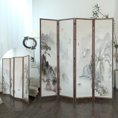 4 Panel Room Divider Screen,Double Faced Room Divider Folding Wall Divider for Room Separation,Mountains and Waters Landscape,67" H x 63" W