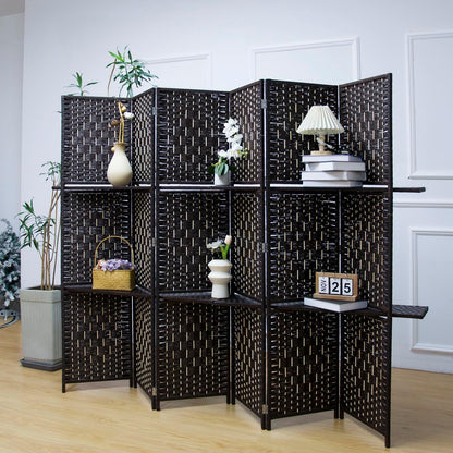 6 Panel Room Divider and Folding Screen Divider with Shelves,Panel Divider Screen with Removable Storage Shelves,Dark Brown,67" H x 82.5" W