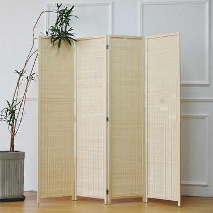 4 Panel Room Divider and Folding Screen Room Divider,Bamboo Room Divider Screen for Room Separation,Beige,67" H x 61.4" W