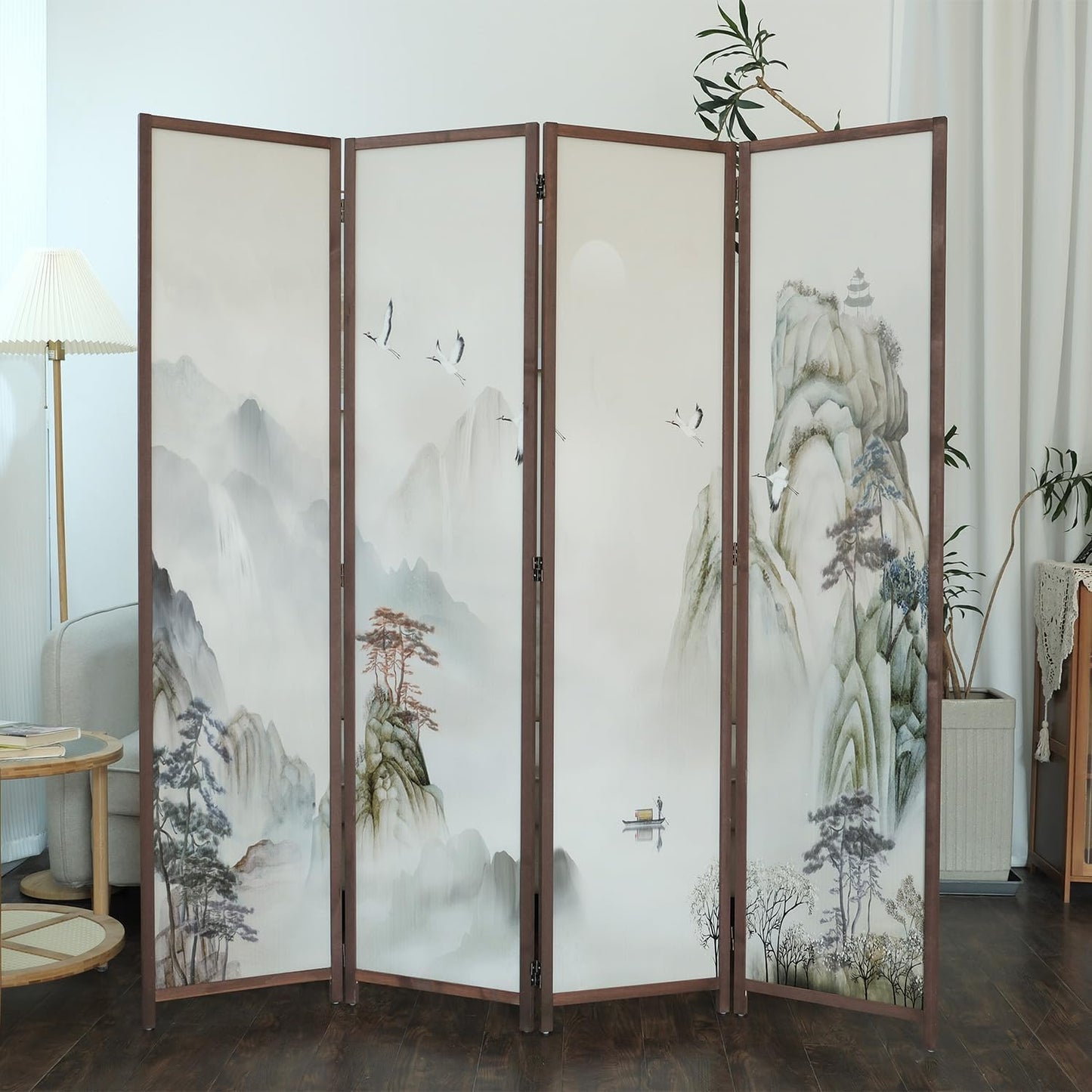 4 Panel Room Divider Screen,Double Faced Room Divider Folding Wall Divider for Room Separation,Mountains and Waters Landscape,67" H x 63" W