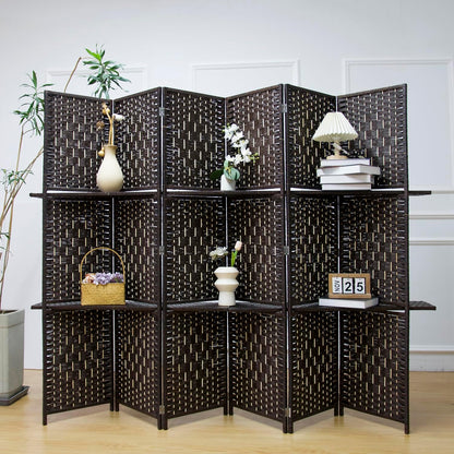 6 Panel Room Divider and Folding Screen Divider with Shelves,Panel Divider Screen with Removable Storage Shelves,Dark Brown,67" H x 82.5" W