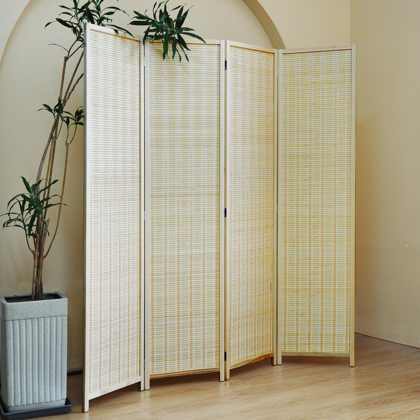 4 Panel Room Divider and Folding Screen Room Divider,Bamboo Room Divider Screen for Room Separation,Beige,67" H x 61.4" W