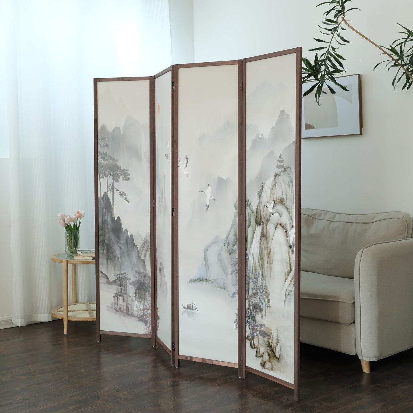 4 Panel Room Divider Screen,Double Faced Room Divider Folding Wall Divider for Room Separation,Mountains and Waters Landscape,67" H x 63" W