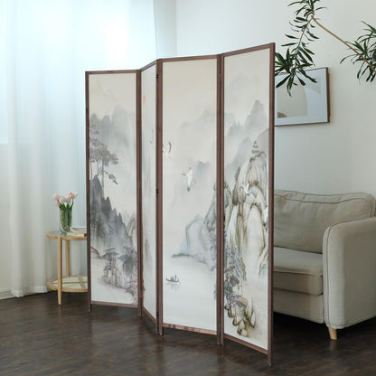 4 Panel Room Divider Screen,Double Faced Room Divider Folding Wall Divider for Room Separation,Mountains and Waters Landscape,67" H x 63" W