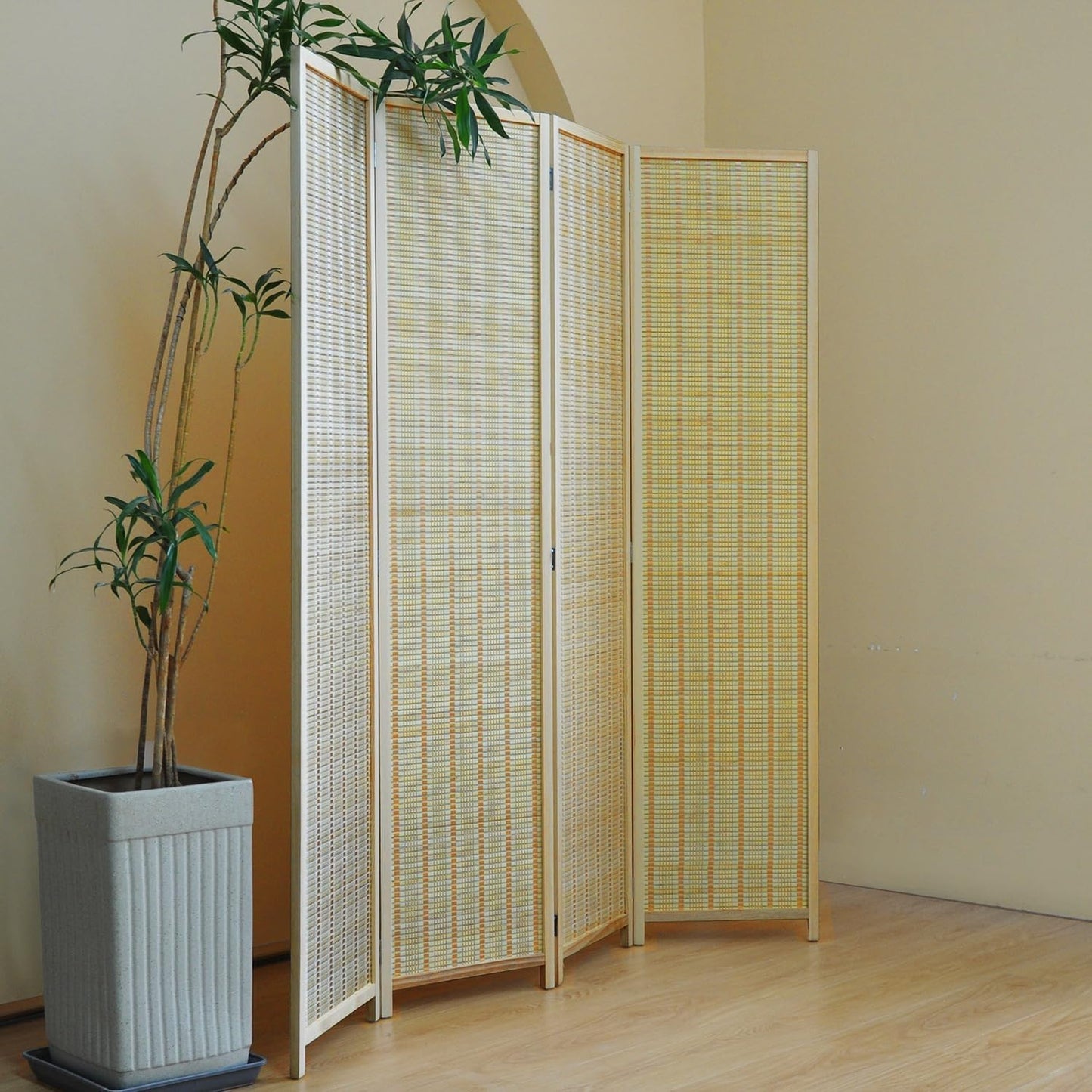 4 Panel Room Divider and Folding Screen Room Divider,Bamboo Room Divider Screen for Room Separation,Beige,67" H x 61.4" W