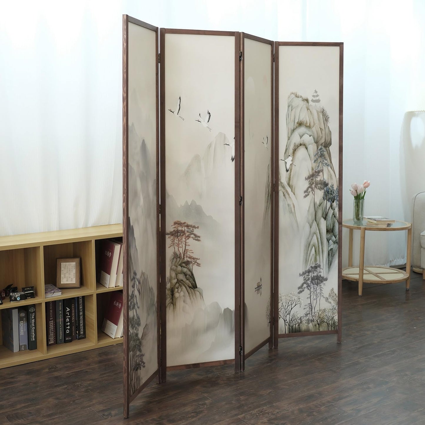 4 Panel Room Divider Screen,Double Faced Room Divider Folding Wall Divider for Room Separation,Mountains and Waters Landscape,67" H x 63" W