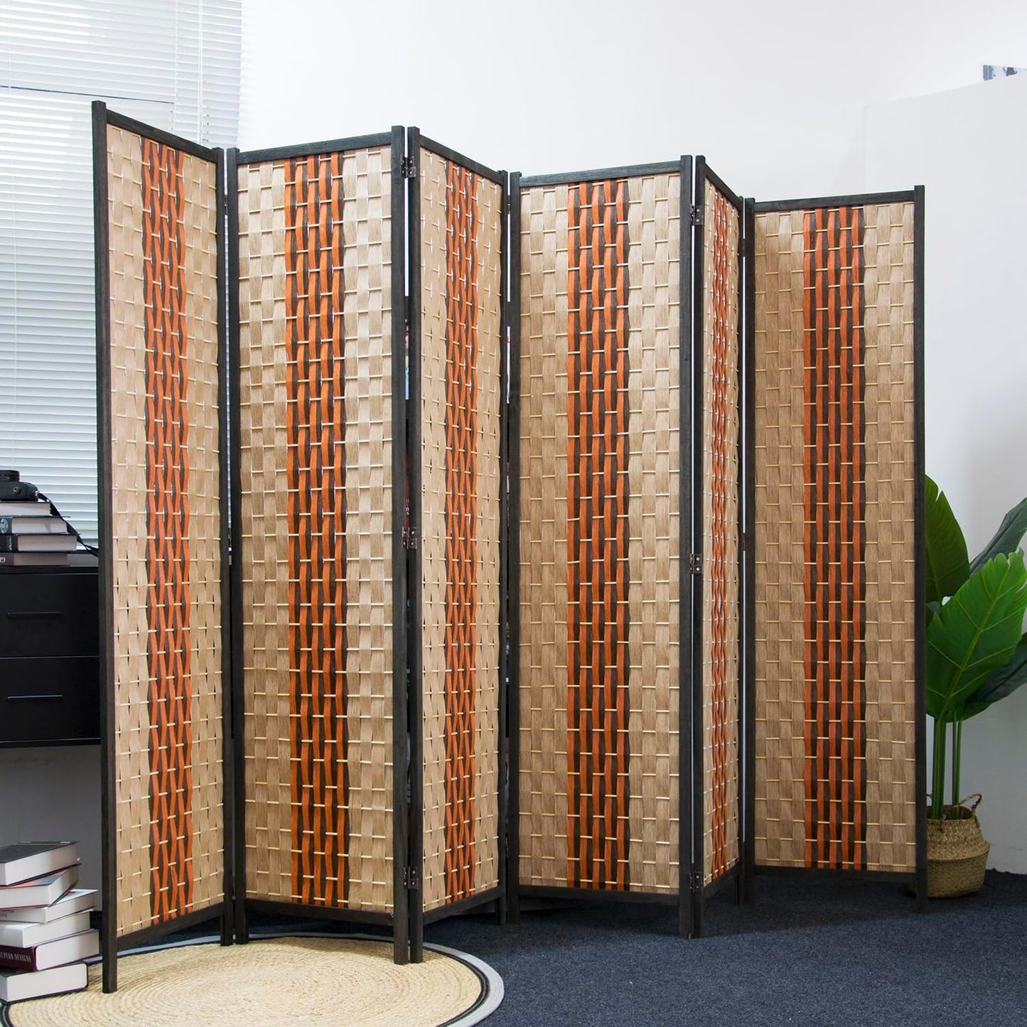 6 Panel Room Divider Screen in Beige and Orange,Blackout Room Divider Folding Panel Screen for Room Separation and Home Decoration,70.8" H x 106.3" W