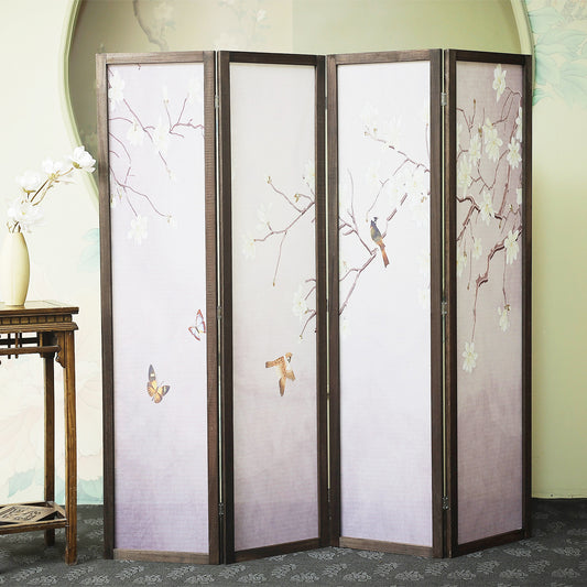 Furnnylane 4 Panel Room Divider Screen,Folding Wall Divider for Room Separation,Panel Room Divider,Magnolia with Birds and Butterfly,67" H x 63" W