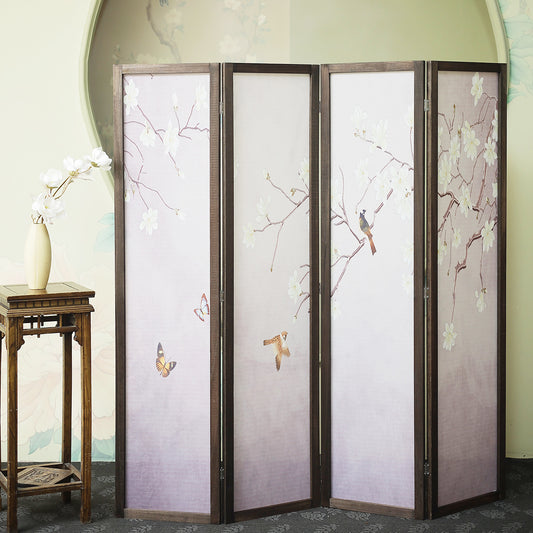 Furnnylane 4 Panel Room Divider Screen,Folding Wall Divider for Room Separation,Panel Room Divider,Magnolia with Birds and Butterfly,67" H x 63" W