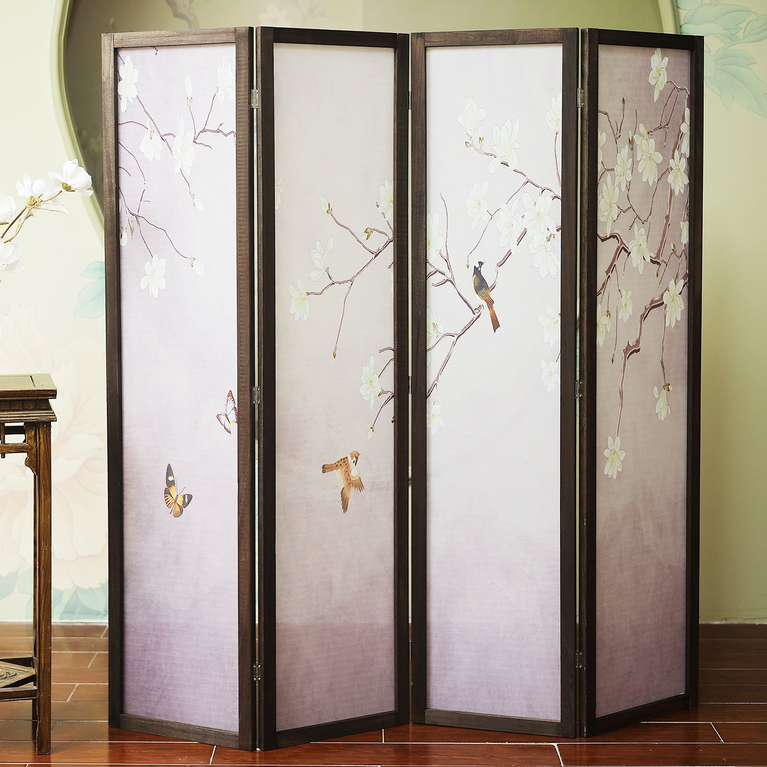 Furnnylane 4 Panel Room Divider Screen,Folding Wall Divider for Room  Separation,Panel Room Divider,Magnolia with Birds and Butterfly,67