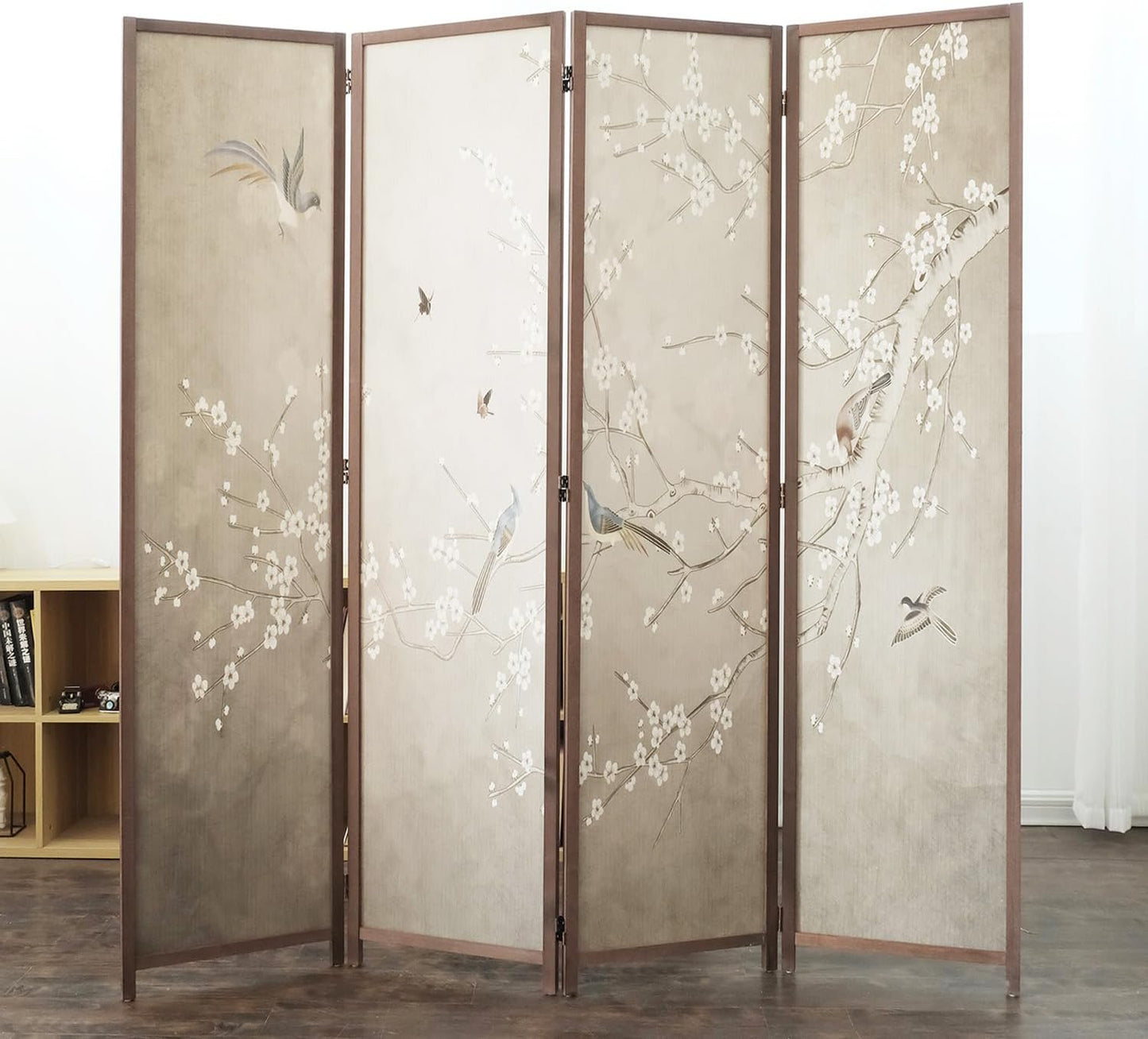 4 Panel Room Divider Screen,Double Faced Blackout Room Divider Folding Panel Screen Divider for Room Separation,Plums and Birds,67" H x 63" W