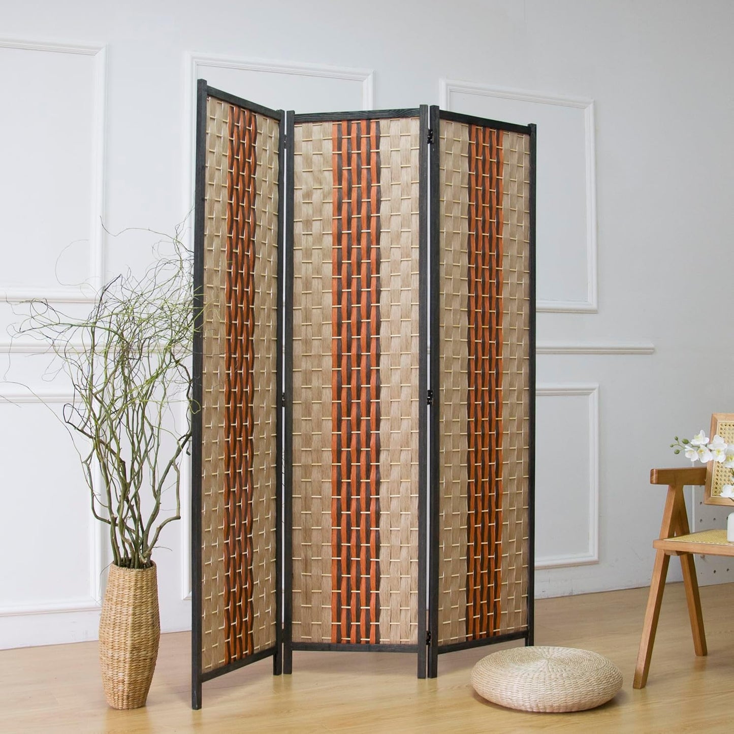 3 Panel Room Divider Screen in Beige and Orange,Blackout Room Divider Folding Panel Screen for Room Separation and Home Decoration,70.8" H x 53.1" W