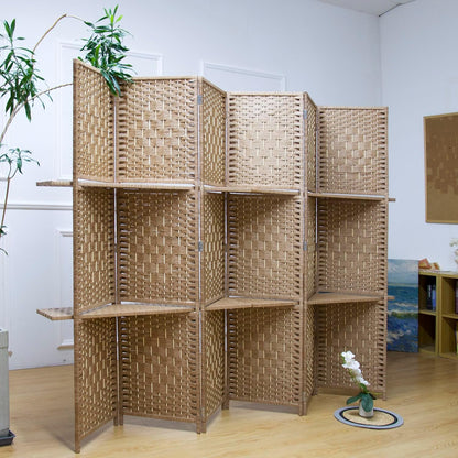 6 Panel Room Divider and Folding Screen Divider with Shelves,Panel Divider Screen with Removable Storage Shelves,Light Brown,67" H x 82.5" W