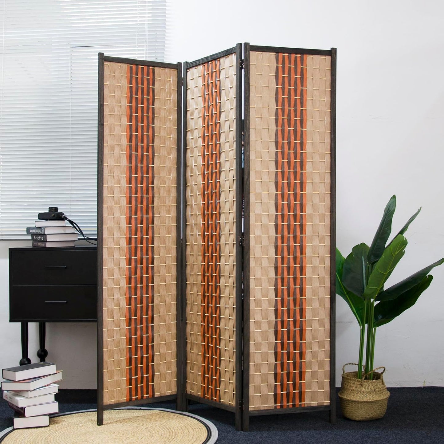 3 Panel Room Divider Screen in Beige and Orange,Blackout Room Divider Folding Panel Screen for Room Separation and Home Decoration,70.8" H x 53.1" W