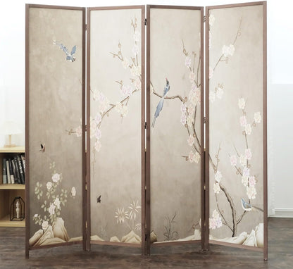 4 Panel Room Divider Screen,Double Faced Blackout Room Divider Folding Panel Screen Divider for Room Separation,Plums and Birds,67" H x 63" W