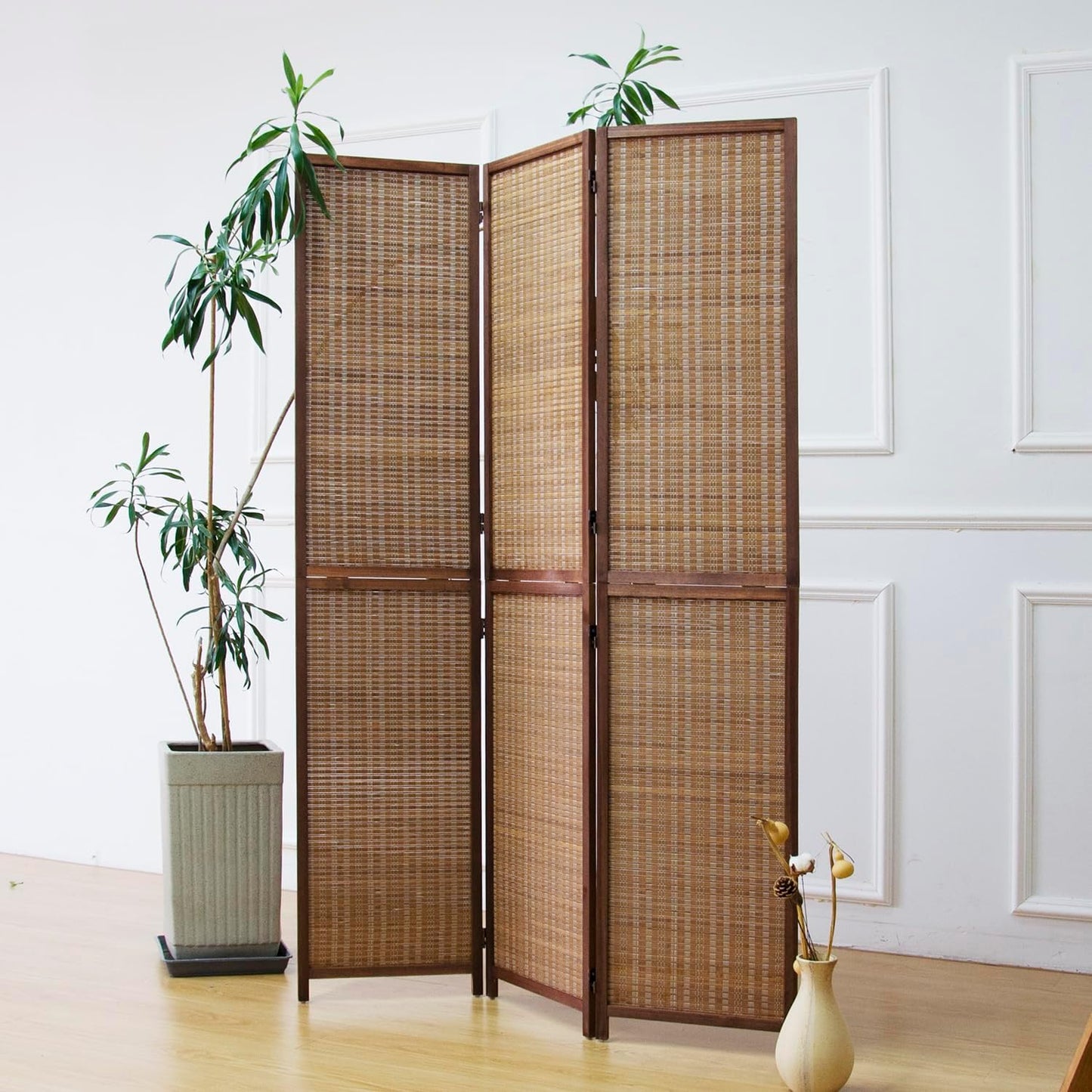 3 Panel Room Divider and Folding Screen Room Divider,Two in One Detachable and Foldable Bamboo Room Divider Screen for Room Separation,67" H x 46" W