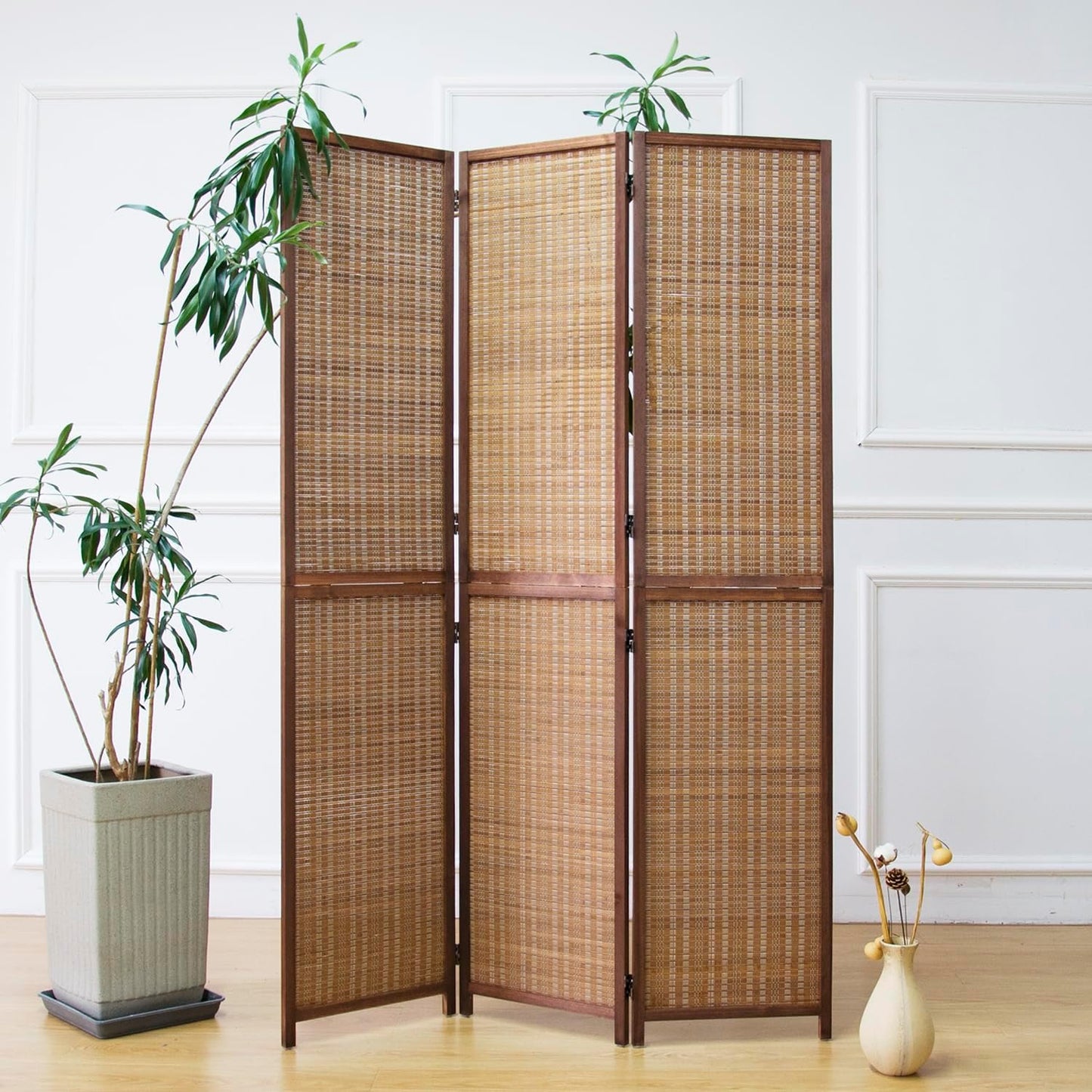 3 Panel Room Divider and Folding Screen Room Divider,Two in One Detachable and Foldable Bamboo Room Divider Screen for Room Separation,67" H x 46" W