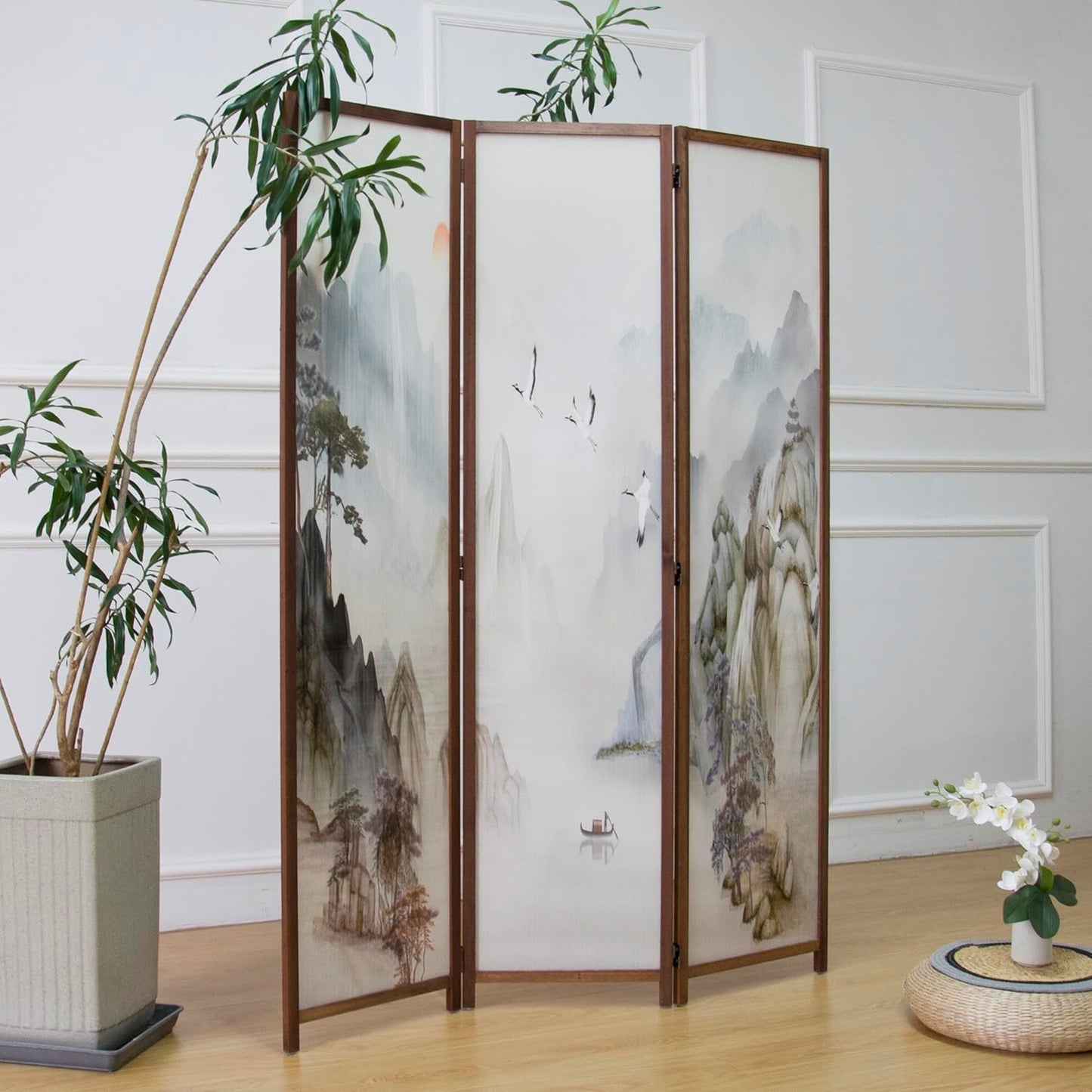 3 Panel Room Divider Screen,Double Faced Room Divider Folding Wall Divider for Room Separation,Mountains and Waters Landscape,67" H x 47.2" W