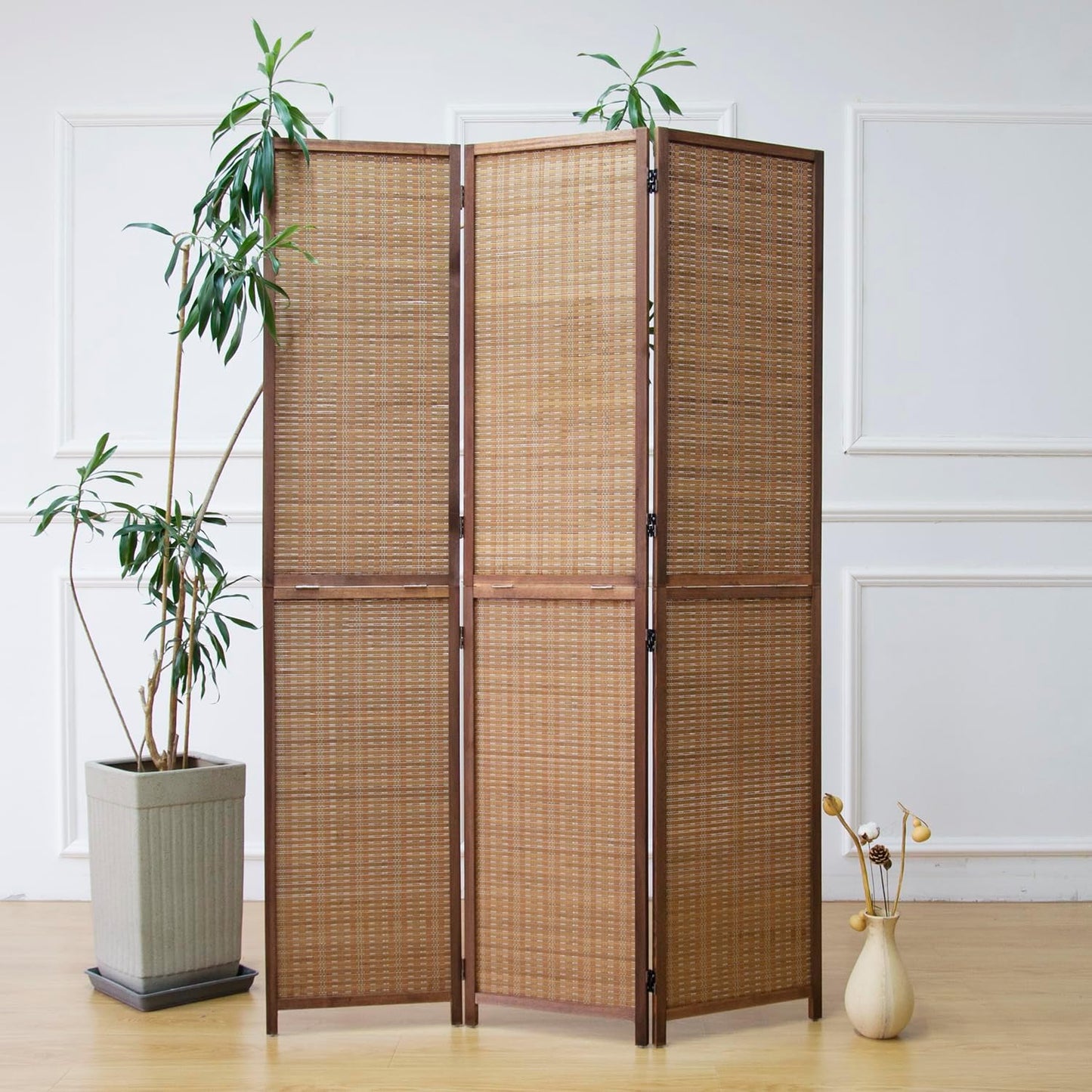 3 Panel Room Divider and Folding Screen Room Divider,Two in One Detachable and Foldable Bamboo Room Divider Screen for Room Separation,67" H x 46" W