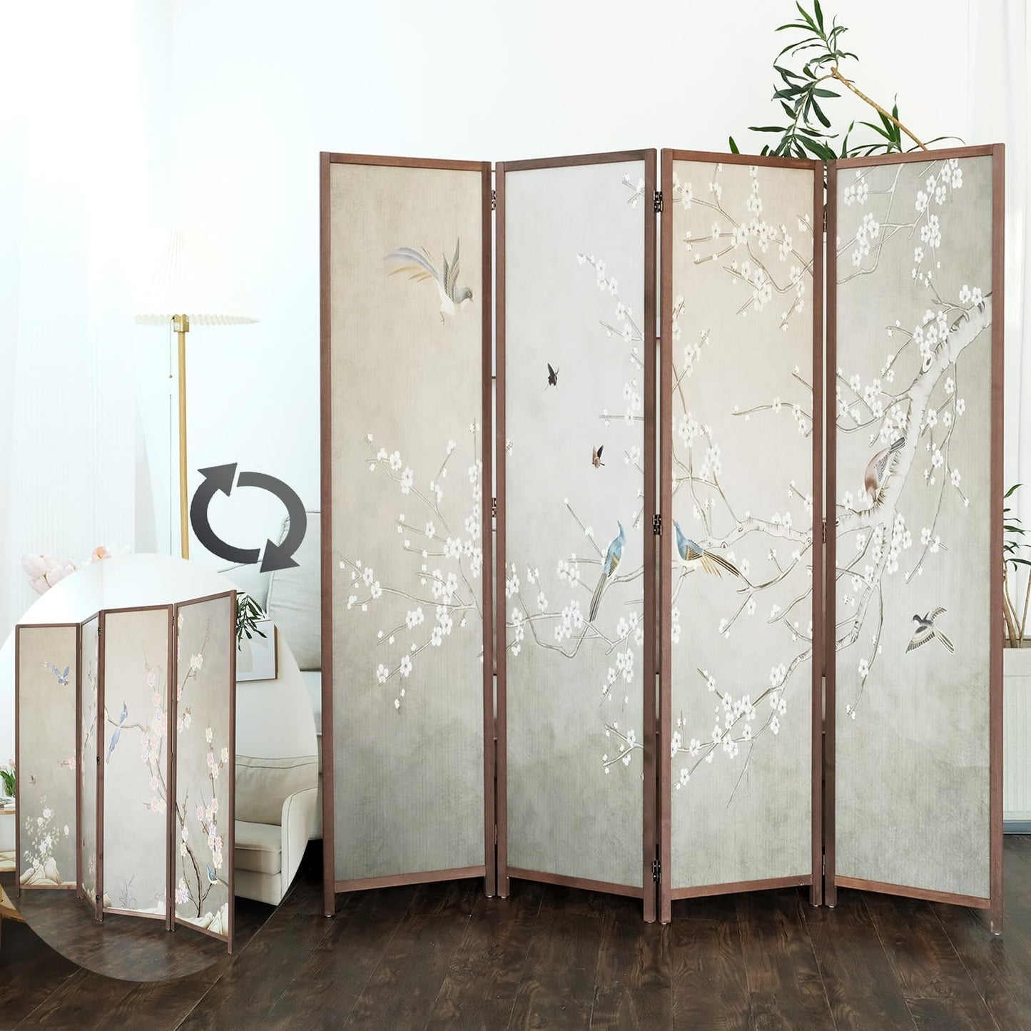 4 Panel Room Divider Screen,Double Faced Blackout Room Divider Folding Panel Screen Divider for Room Separation,Plums and Birds,67" H x 63" W