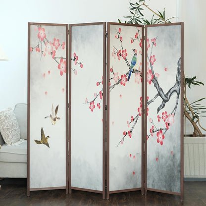 4 Panel Room Divider Screen,Double Faced Blackout Room Divider Folding Panel Screen Divider for Room Separation,Magnolia and Plums,67" H x 63" W