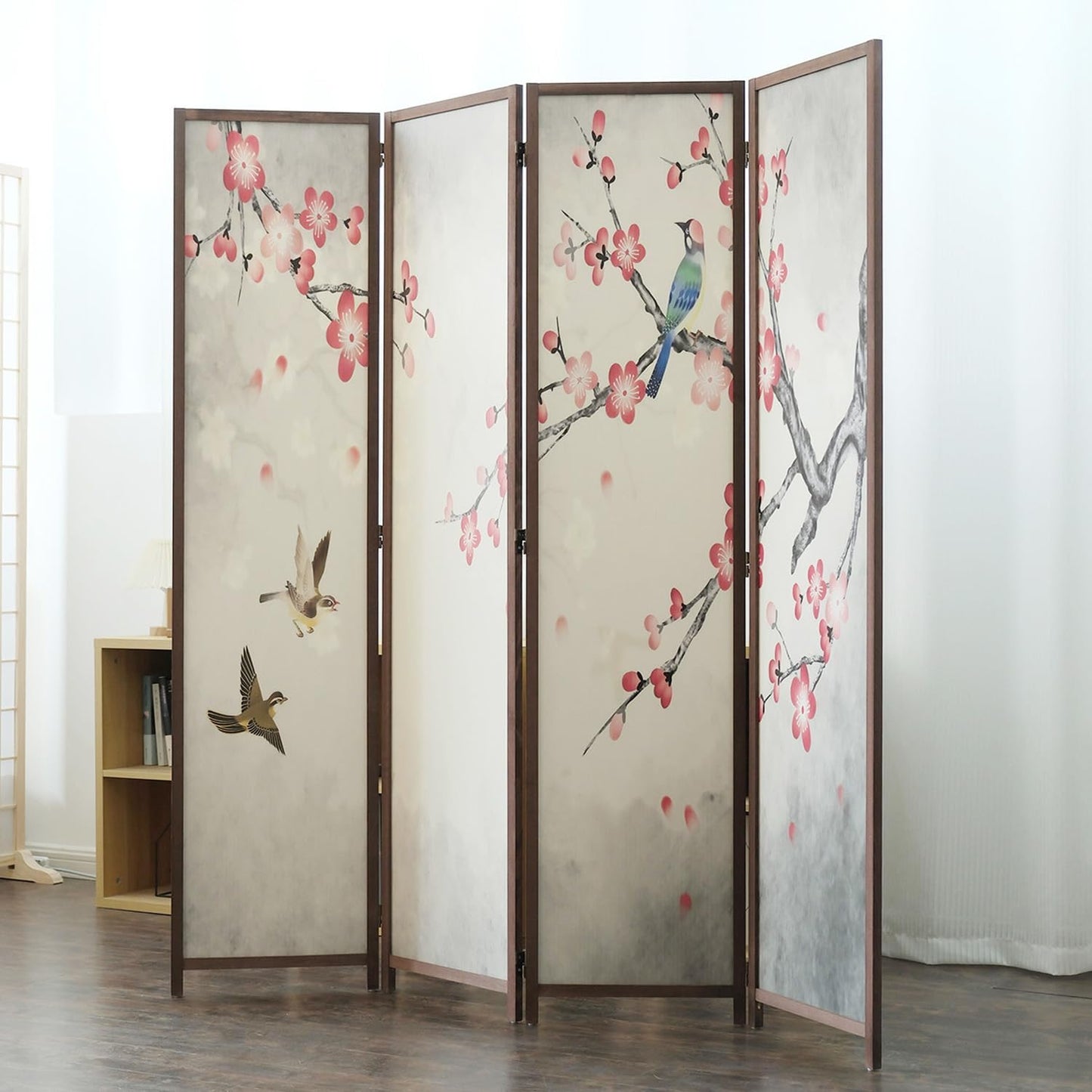 4 Panel Room Divider Screen,Double Faced Blackout Room Divider Folding Panel Screen Divider for Room Separation,Magnolia and Plums,67" H x 63" W