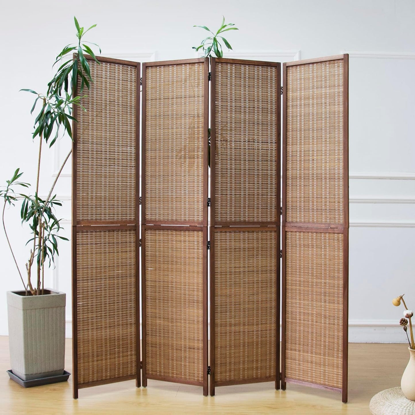 4 Panel Room Divider and Folding Screen Room Divider,Two in One Detachable and Foldable Bamboo Room Divider Screen for Room Separation,67" H x 61.4" W