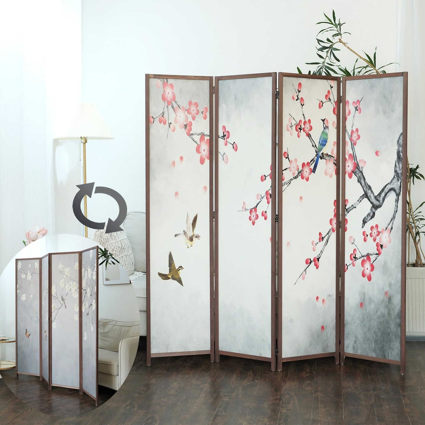 4 Panel Room Divider Screen,Double Faced Blackout Room Divider Folding Panel Screen Divider for Room Separation,Magnolia and Plums,67" H x 63" W