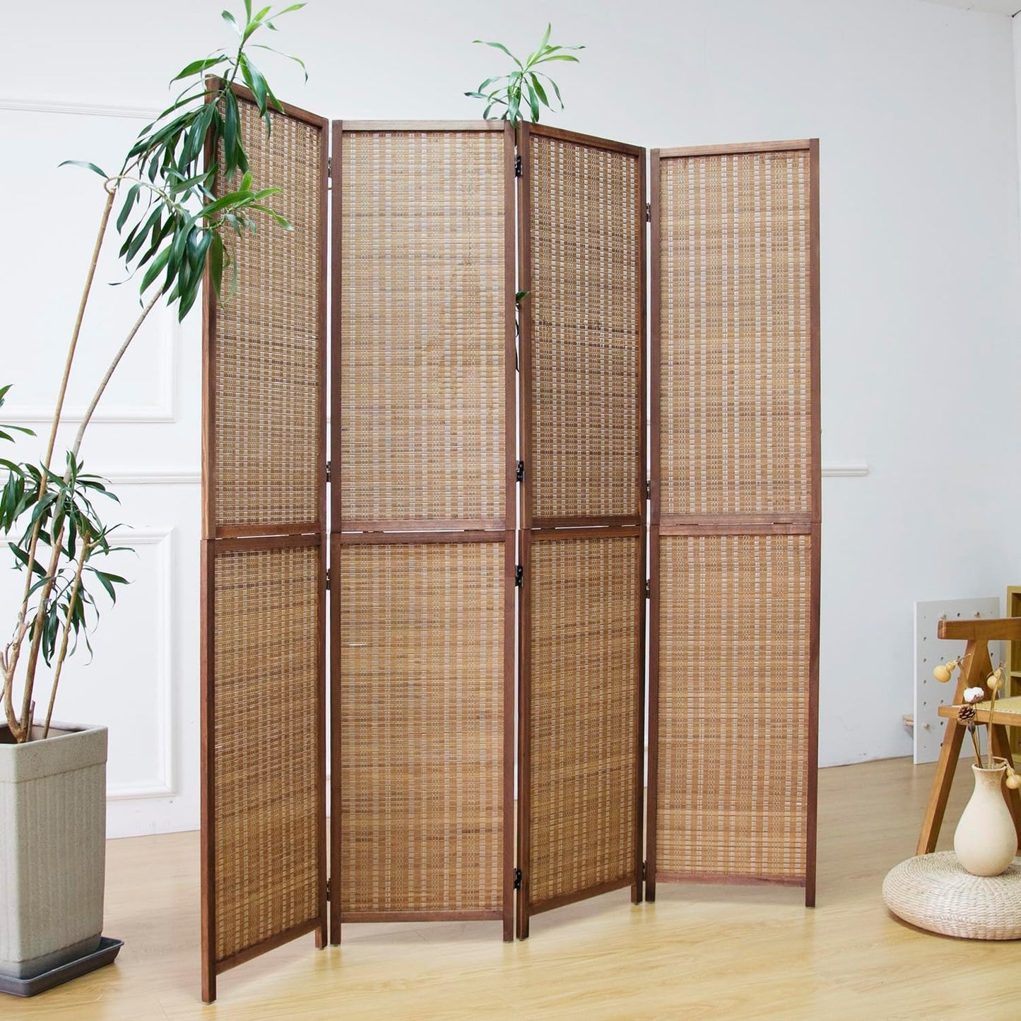 4 Panel Room Divider and Folding Screen Room Divider,Two in One Detachable and Foldable Bamboo Room Divider Screen for Room Separation,67" H x 61.4" W