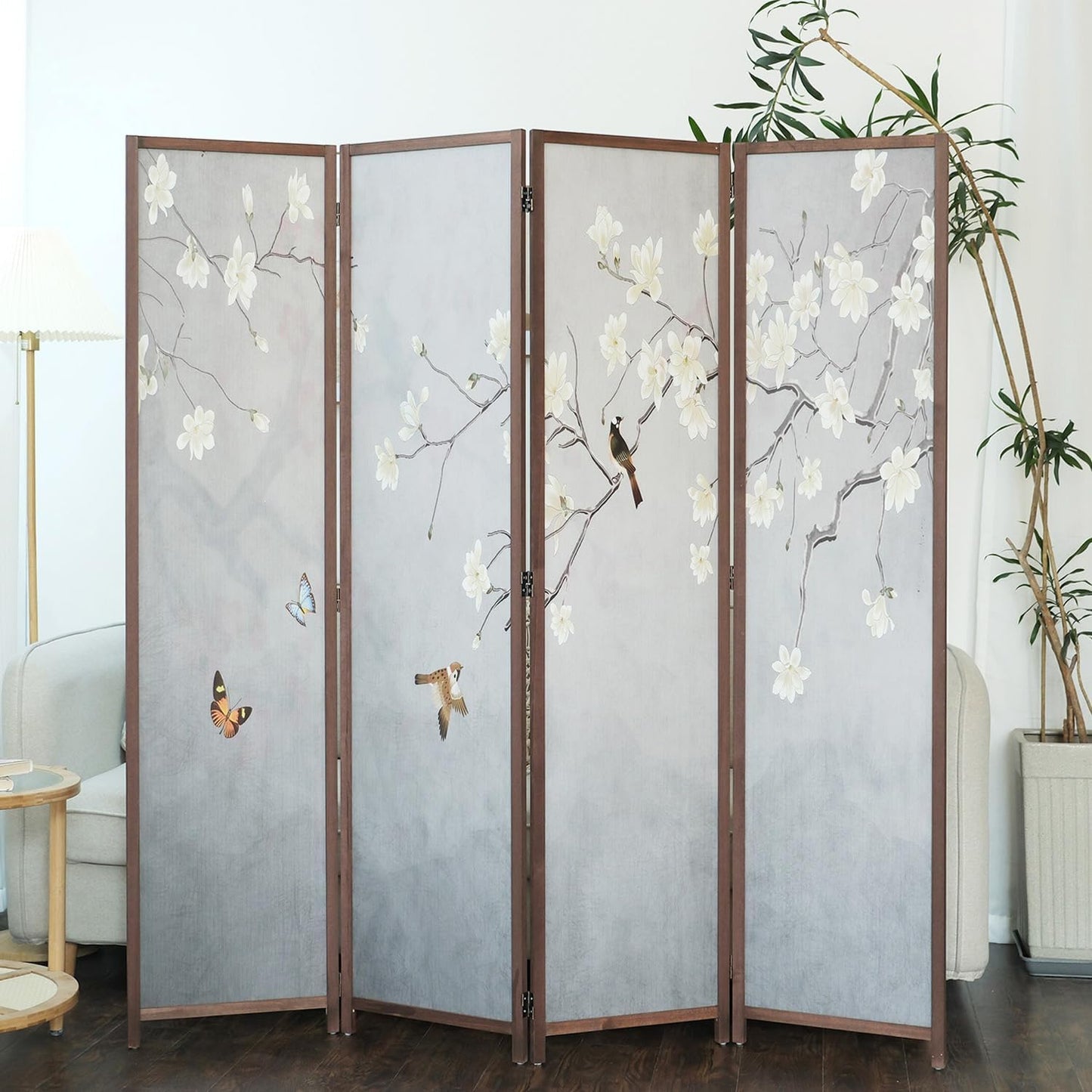 4 Panel Room Divider Screen,Double Faced Blackout Room Divider Folding Panel Screen Divider for Room Separation,Magnolia and Plums,67" H x 63" W