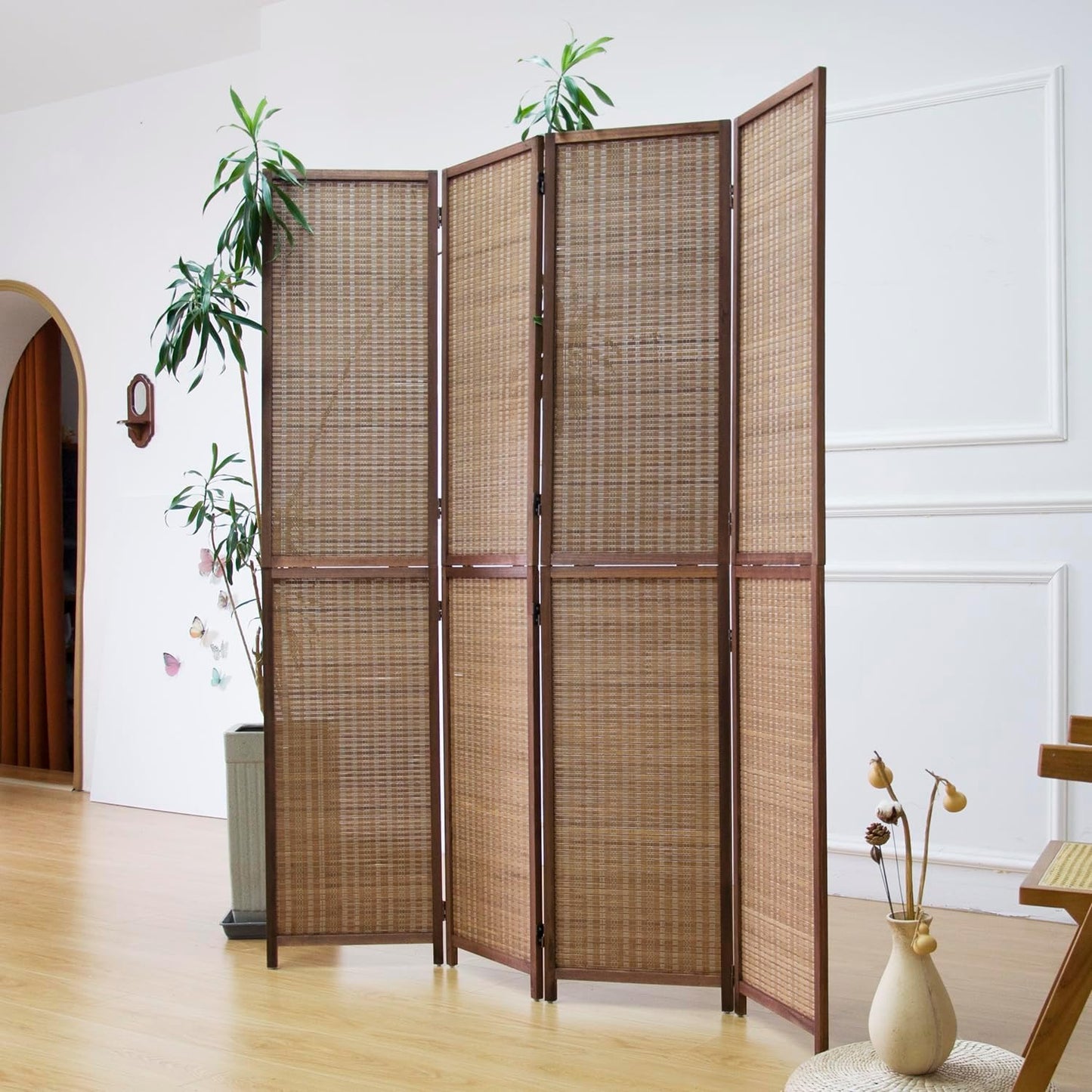 4 Panel Room Divider and Folding Screen Room Divider,Two in One Detachable and Foldable Bamboo Room Divider Screen for Room Separation,67" H x 61.4" W