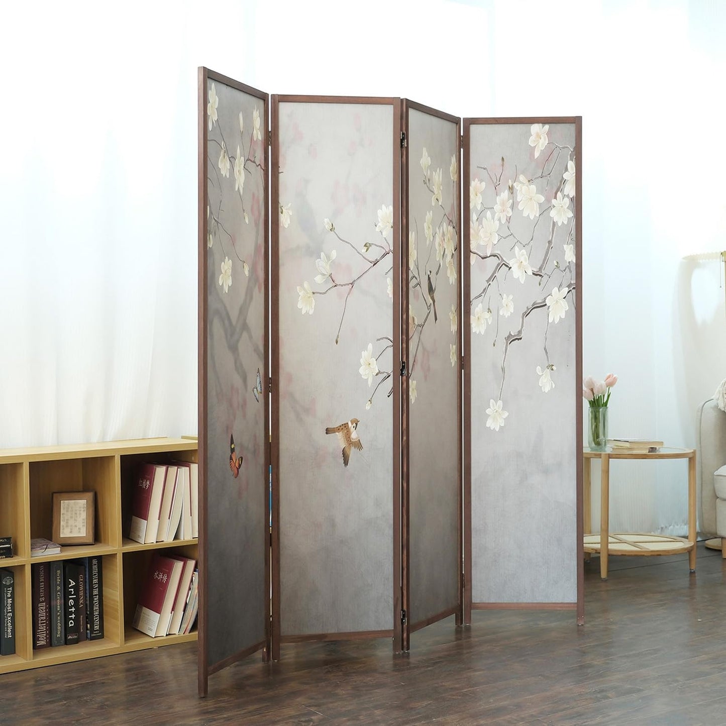 4 Panel Room Divider Screen,Double Faced Blackout Room Divider Folding Panel Screen Divider for Room Separation,Magnolia and Plums,67" H x 63" W