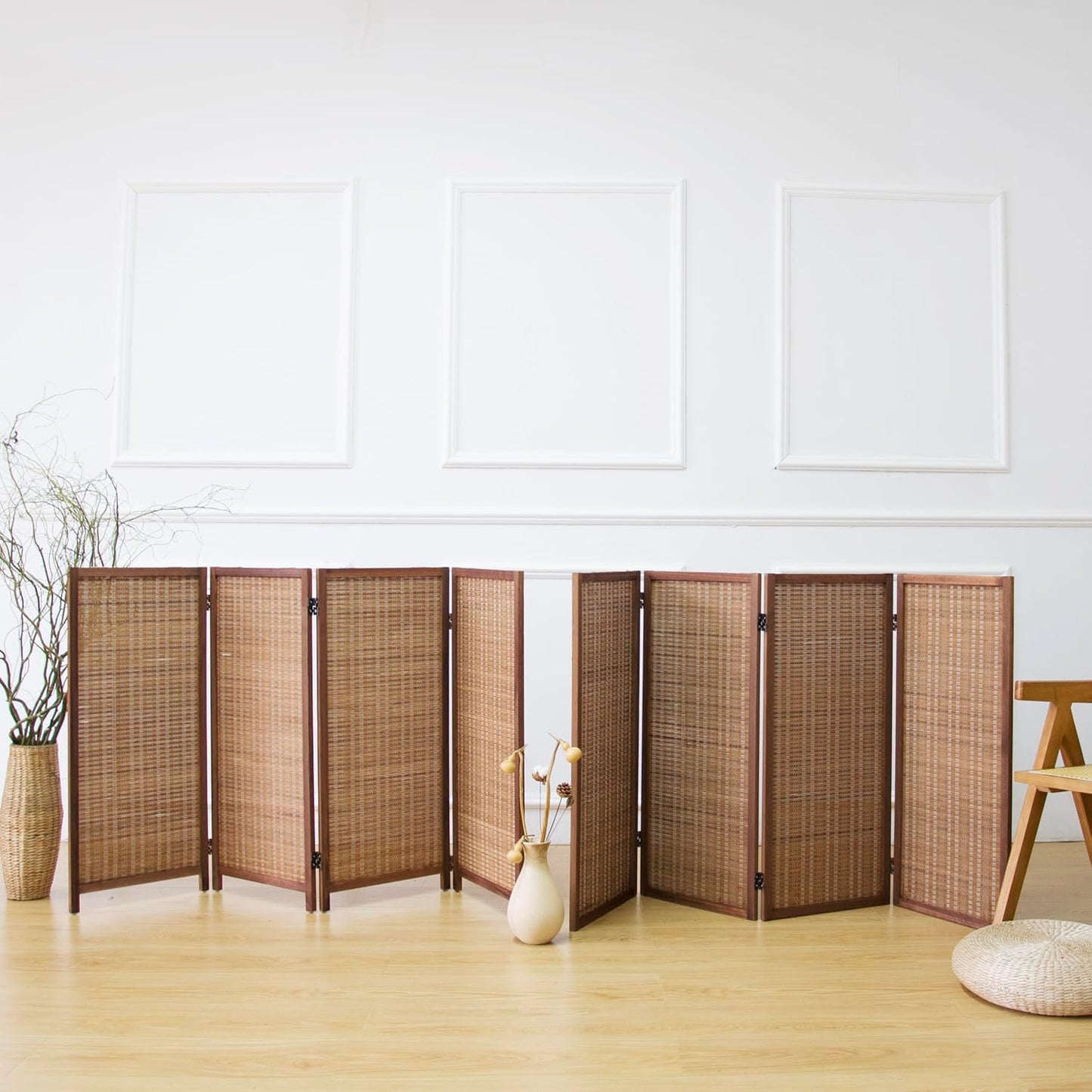 4 Panel Room Divider and Folding Screen Room Divider,Two in One Detachable and Foldable Bamboo Room Divider Screen for Room Separation,67" H x 61.4" W