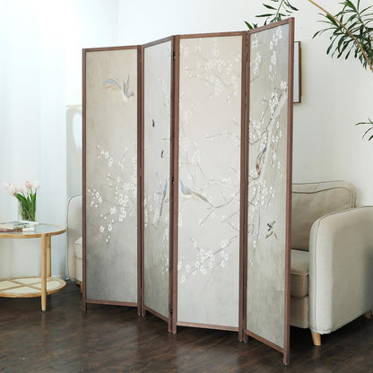 4 Panel Room Divider Screen,Double Faced Blackout Room Divider Folding Panel Screen Divider for Room Separation,Plums and Birds,67" H x 63" W