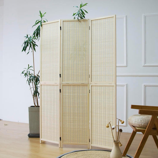 3 Panel Room Divider and Folding Screen Room Divider,Two in One Detachable and Foldable Bamboo Room Divider Screen for Room Separation,67" H x 46" W,Beige