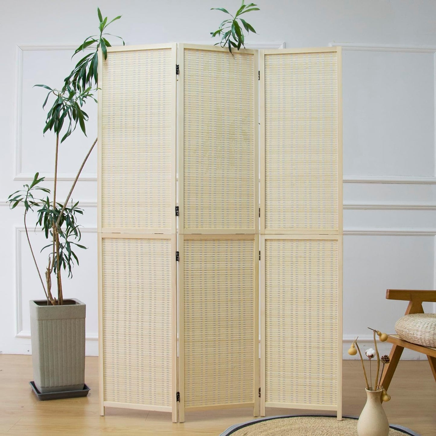 3 Panel Room Divider and Folding Screen Room Divider,Two in One Detachable and Foldable Bamboo Room Divider Screen for Room Separation,67" H x 46" W,Beige